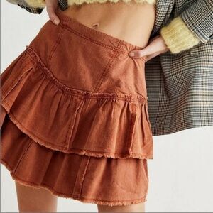 Free People Ruffles in The Sand Mini Skirt Tiered Petrichor Rust Orange Size 4